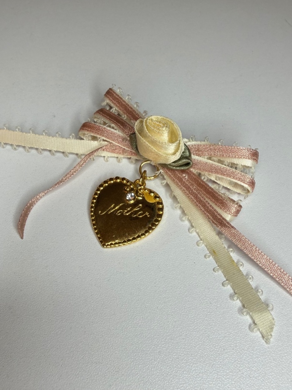 Vintage Gold Tone MOTHER Heart Charm w/Crystal Bow Ribbon Flower Lapel Pin 3"